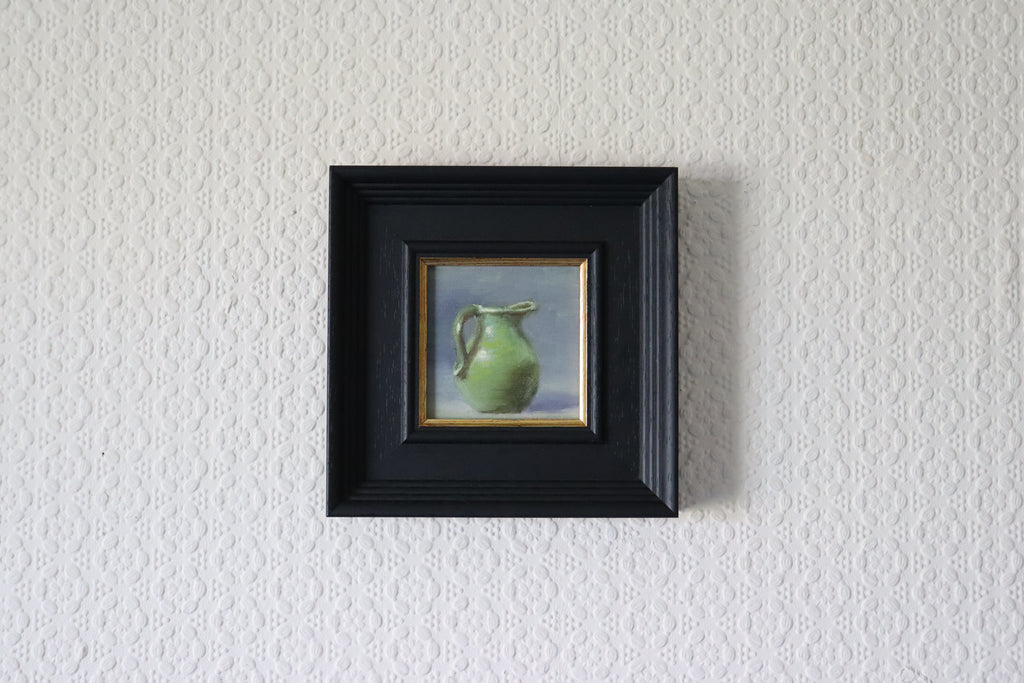 Framed Original oil painting of a water jug, classic ceramic vessel in a simple elegant still life