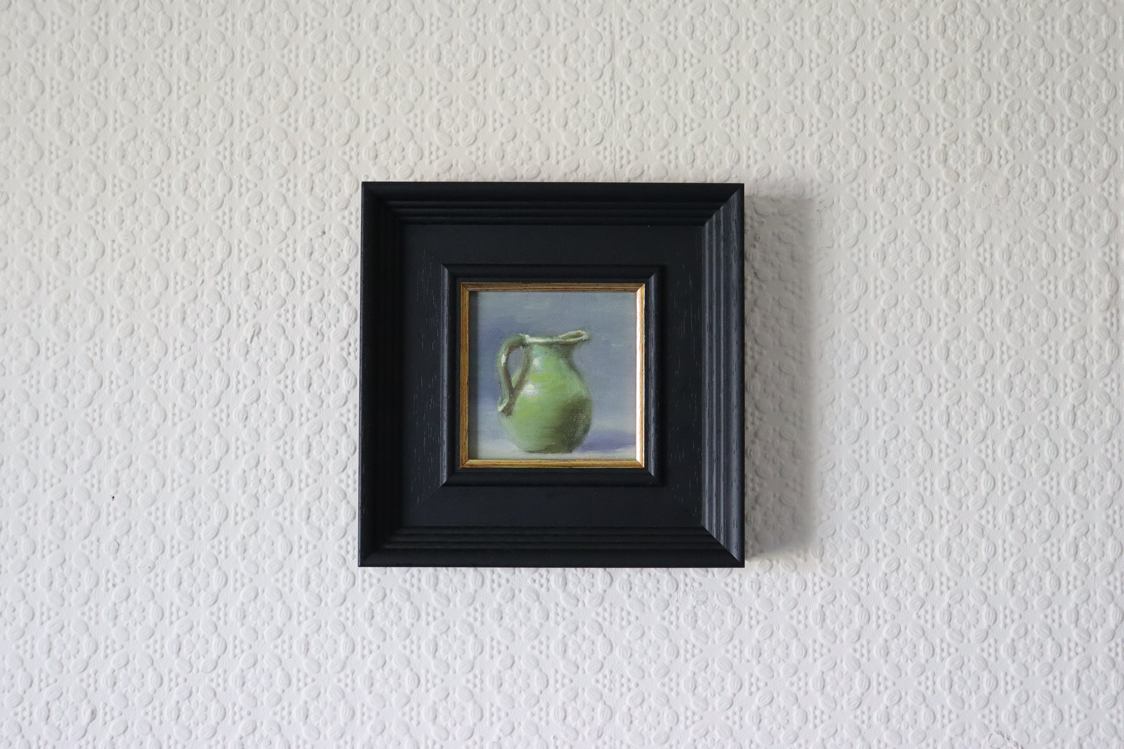 Framed Original oil painting of a water jug, classic ceramic vessel in a simple elegant still life