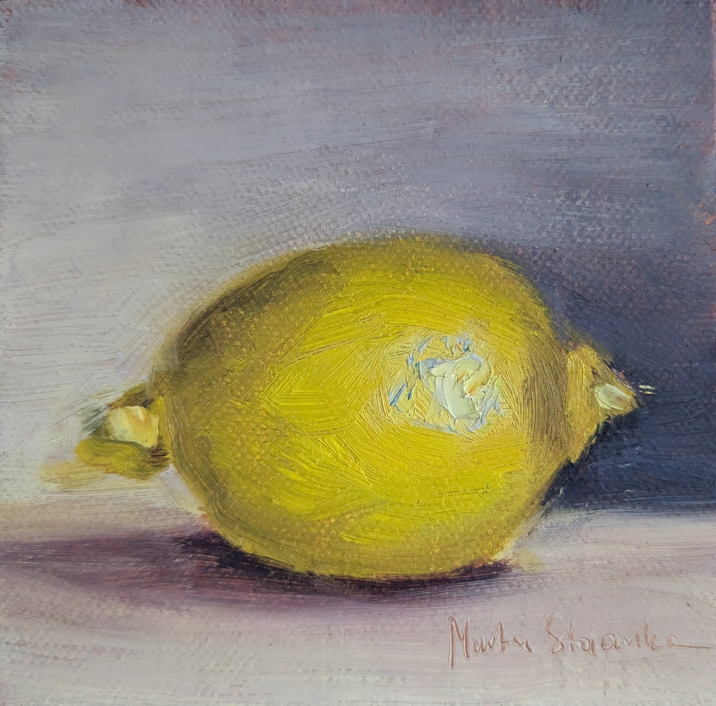 A painting of a very bright lemon with purplish background. Original oil painting of lemons, vibrant citrus still life with humour and warmth by Marta Stolarska