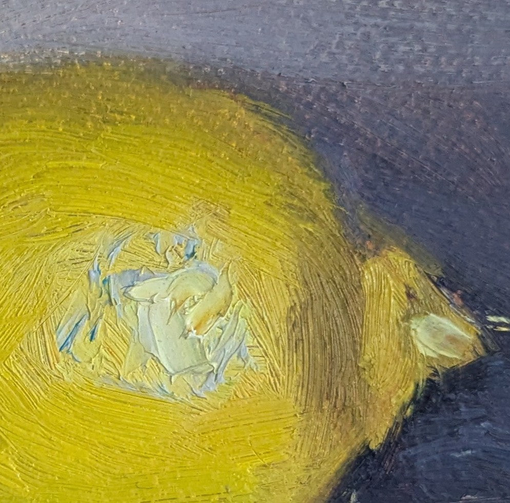 A painting of a very bright lemon with purplish background. Original oil painting of lemons, vibrant citrus still life with humour and warmth by Marta Stolarska