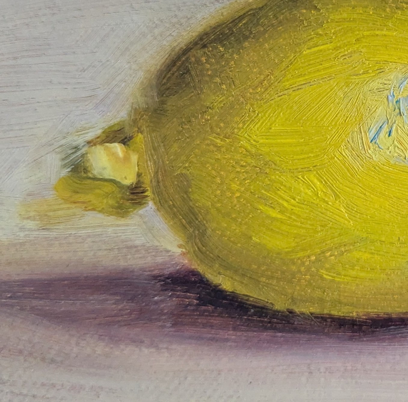 A painting of a very bright lemon with purplish background. Original oil painting of lemons, vibrant citrus still life with humour and warmth by Marta Stolarska