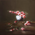 Where the Light Falls - original oil painting by Marta Stolarska, rose arrangement in white and blue vase with fallen roses on table, light moving across composition, 20x20cm deep edge canvas