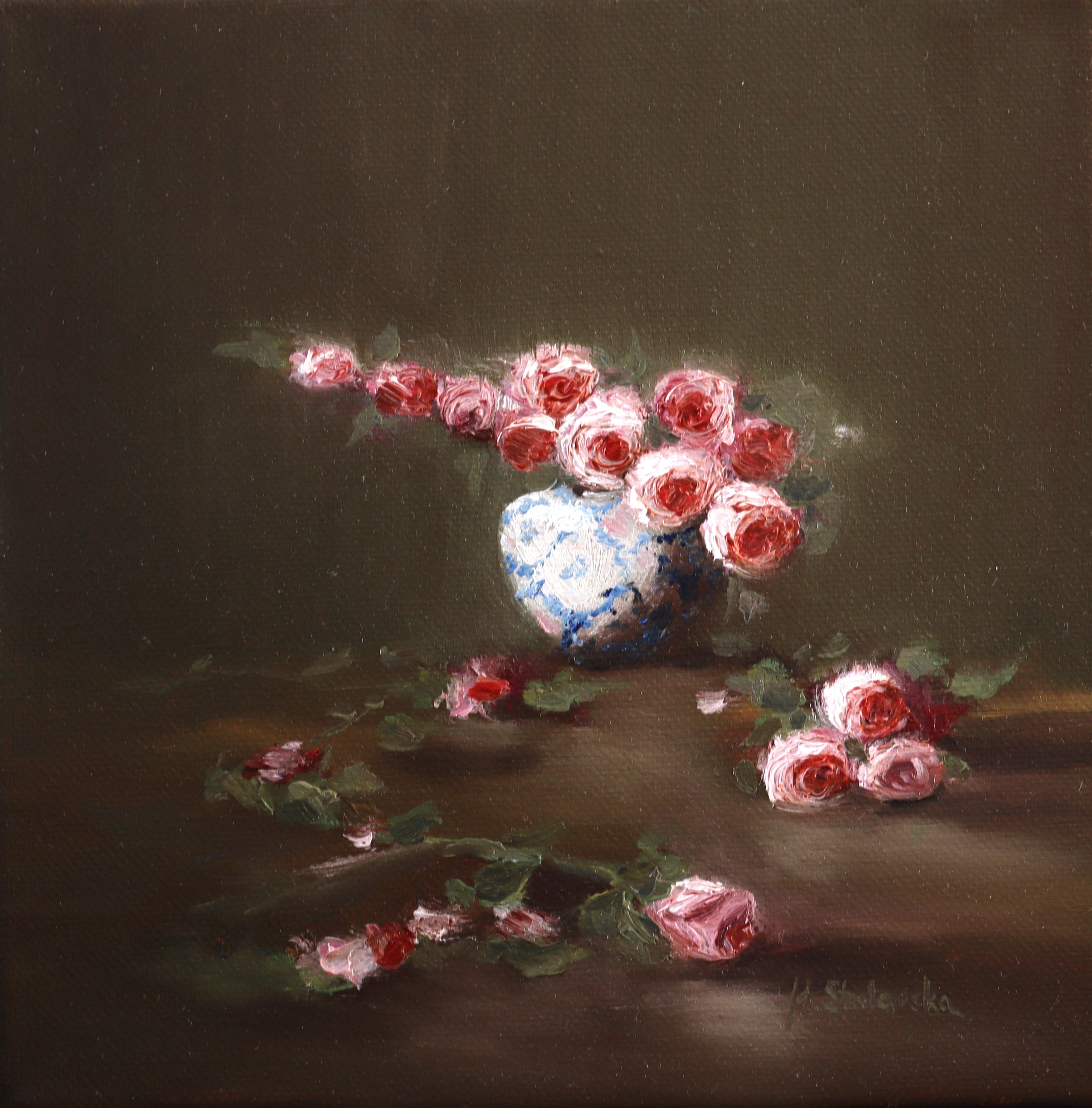 Where the Light Falls - original oil painting by Marta Stolarska, rose arrangement in white and blue vase with fallen roses on table, light moving across composition, 20x20cm deep edge canvas