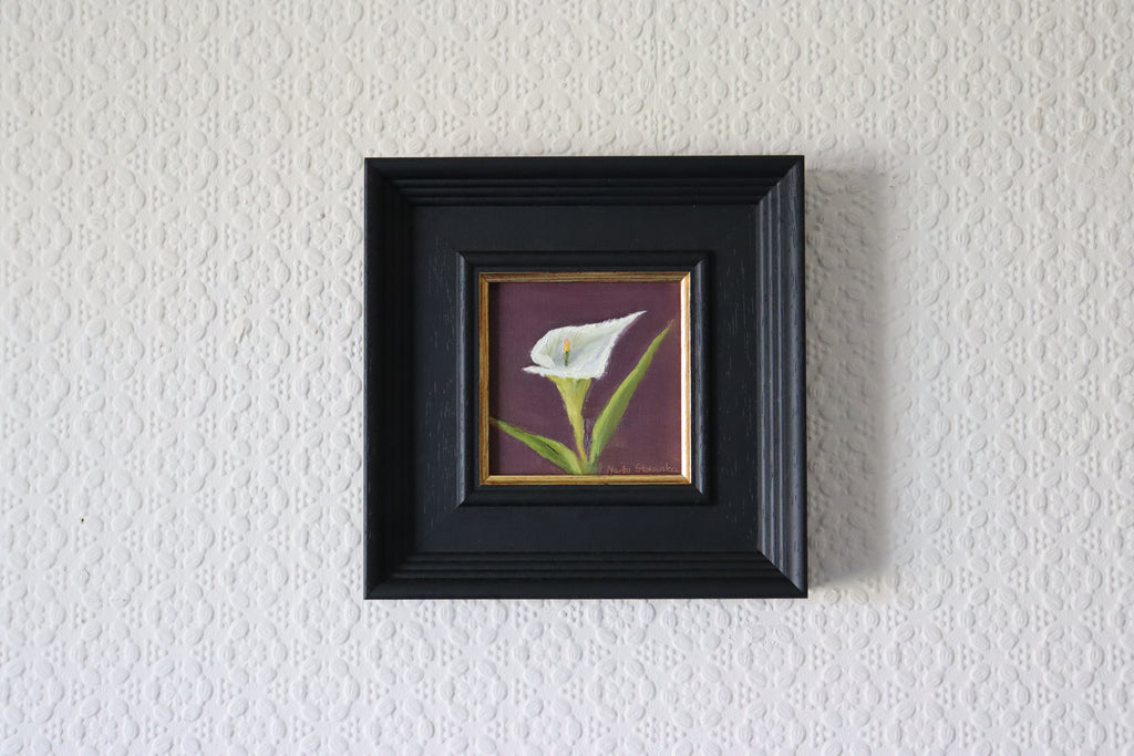 Framed Original oil painting of a white calla lily, sculptural flower in a minimal elegant still life