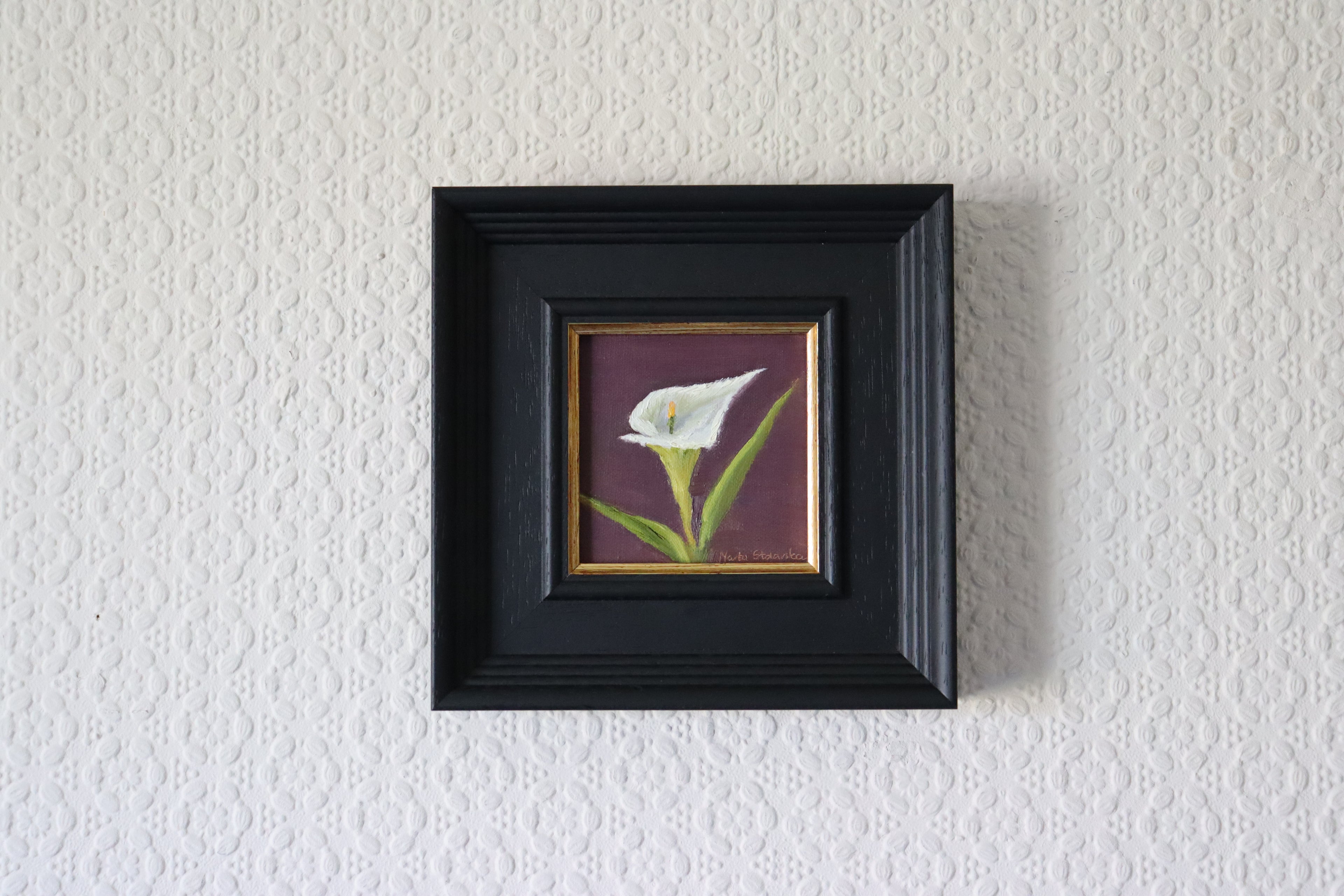 Framed Original oil painting of a white calla lily, sculptural flower in a minimal elegant still life