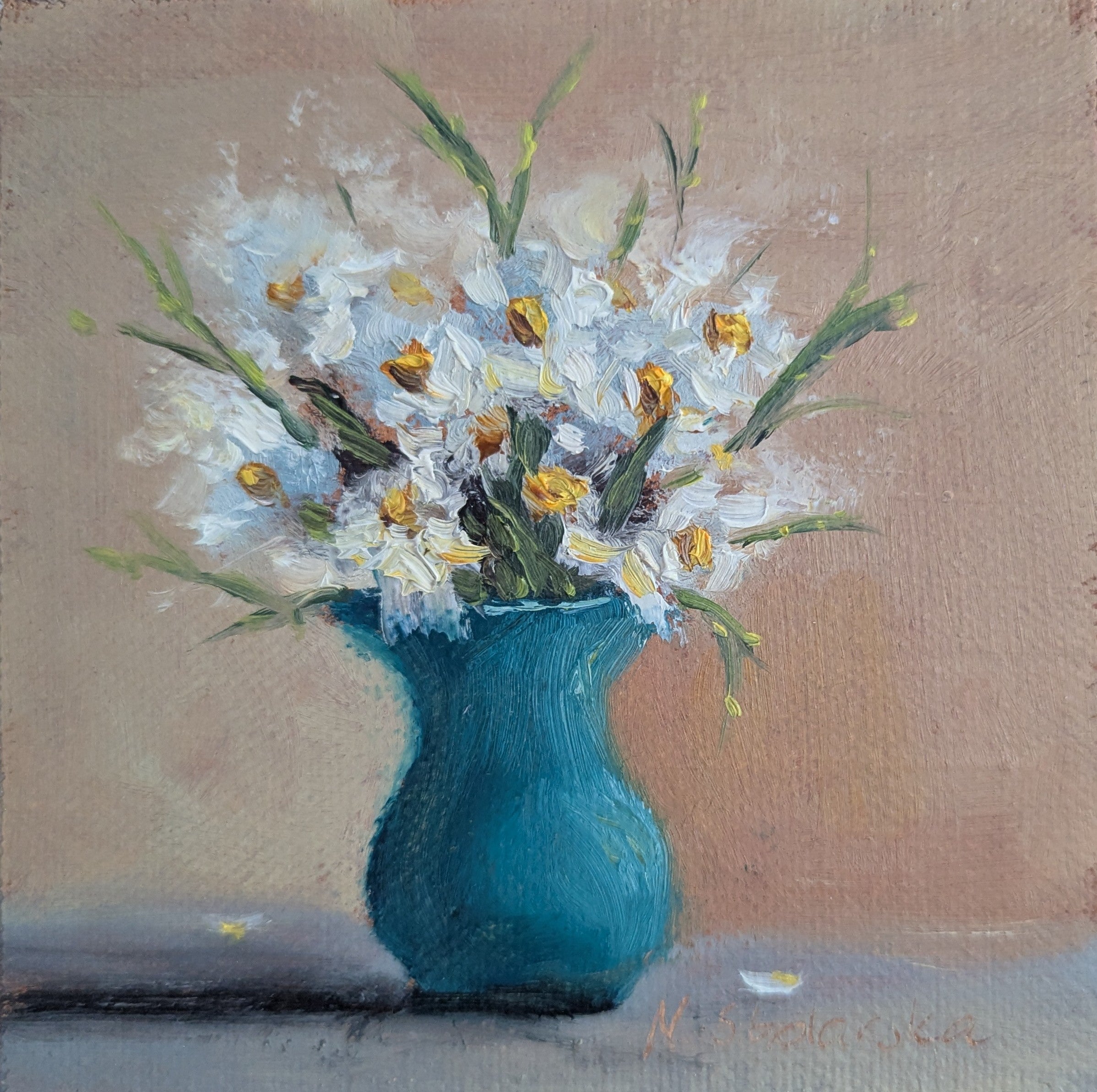 Original oil painting of a wildflower bouquet, delicate mixed flowers in a vase by Marta Stolarska
