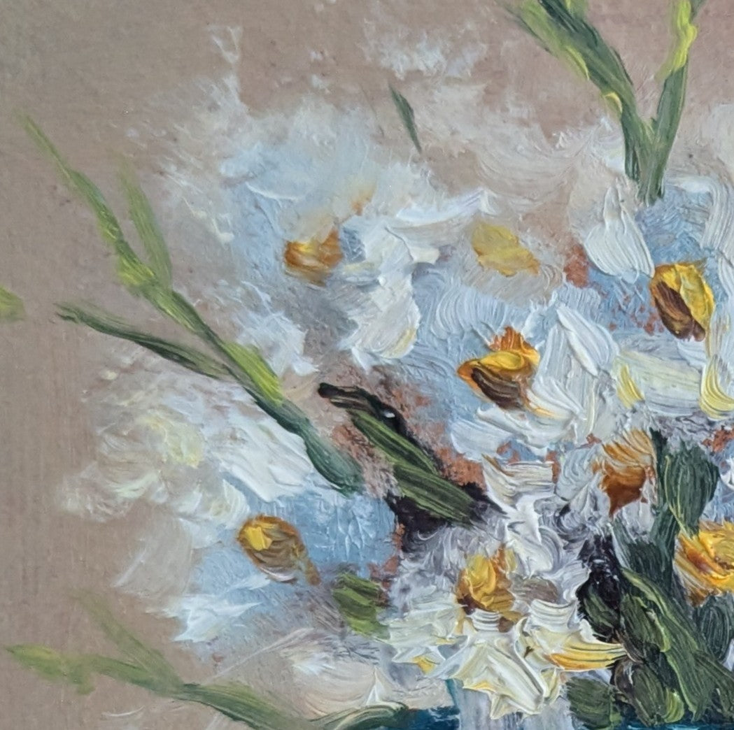 Artistic depiction of flowers with a textured background. Original oil painting of a wildflower bouquet, delicate mixed flowers in a vase by Marta Stolarska