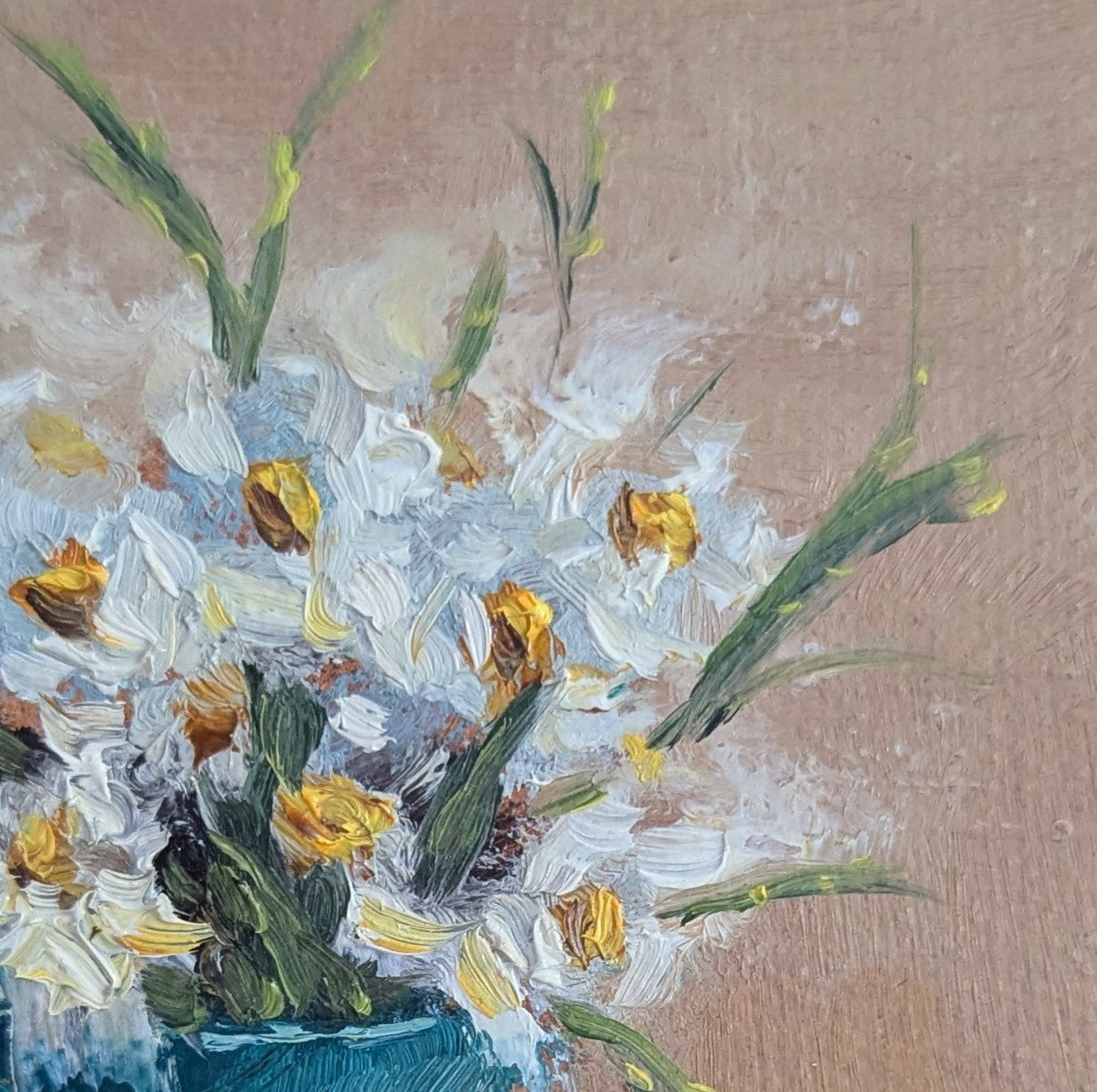 Artistic depiction of flowers in a vase on a textured brown background. Original oil painting of a wildflower bouquet, delicate mixed flowers in a vase by Marta Stolarska