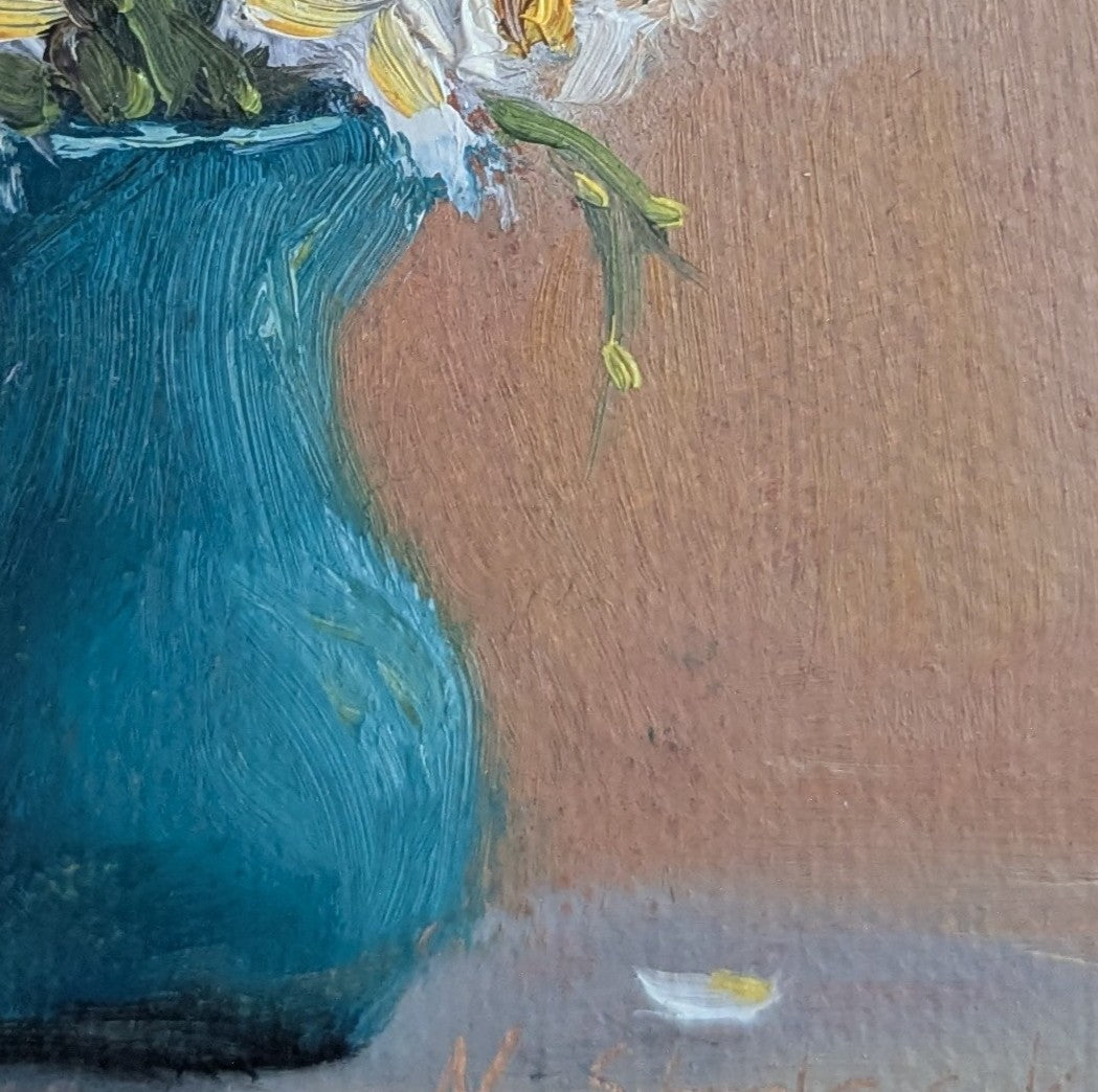 Original oil painting of a wildflower bouquet, delicate mixed flowers in a vase by Marta Stolarska