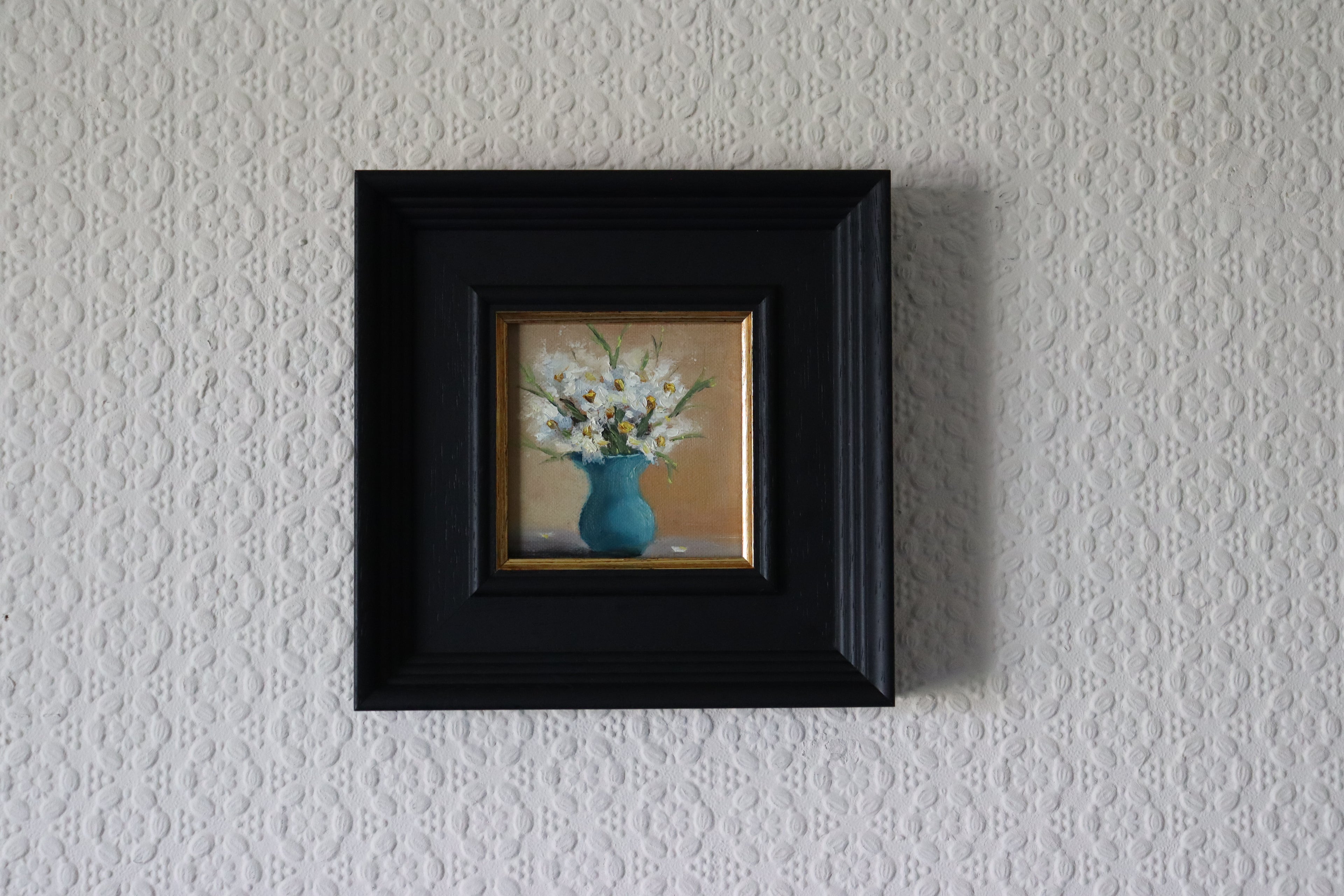 Framed Original oil painting of a wildflower bouquet, delicate mixed flowers in a vase by Marta Stolarska