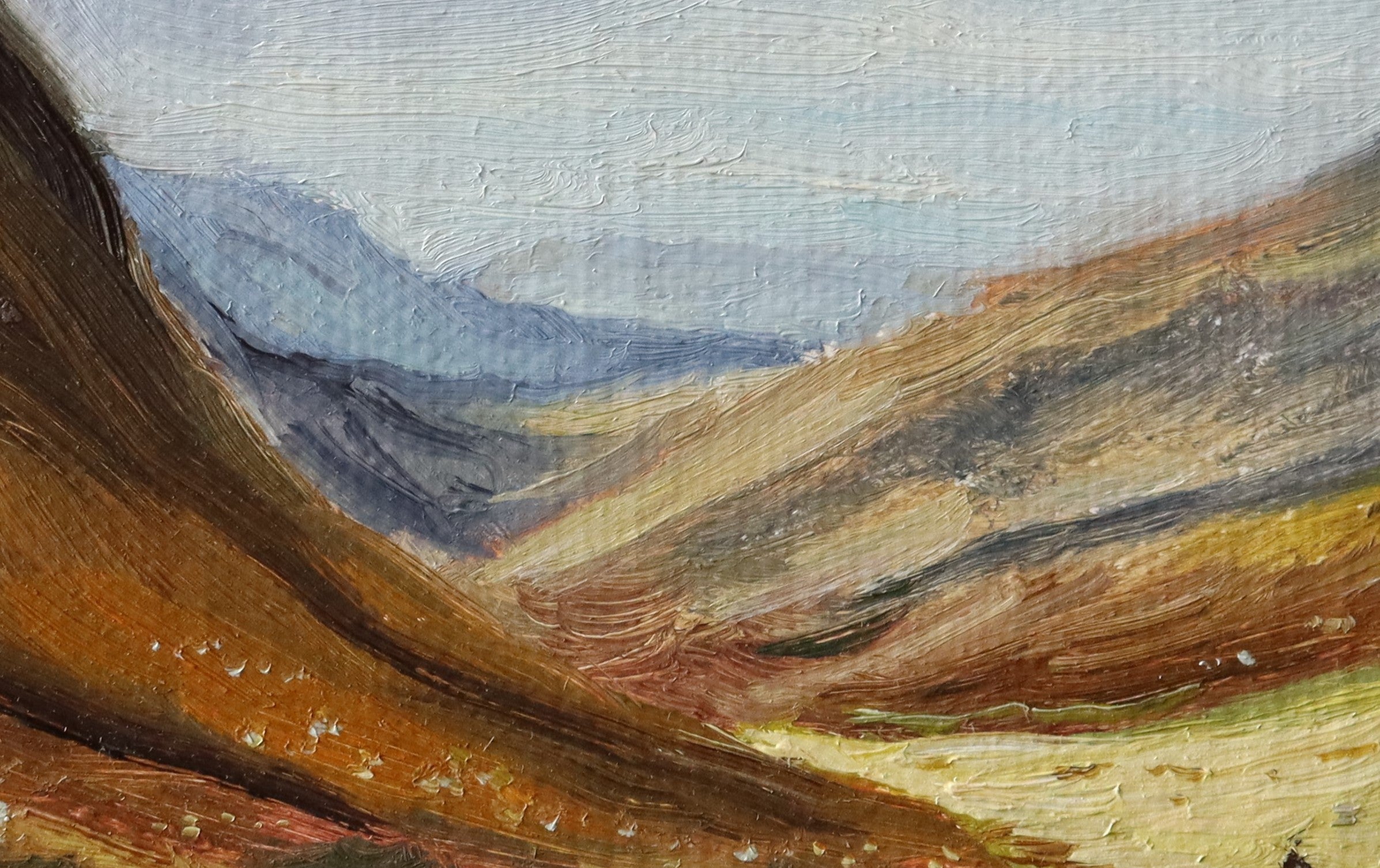 Original oil painting of winding roads in the Scottish Highlands near Loch Ard in autumn, amber hill vegetation