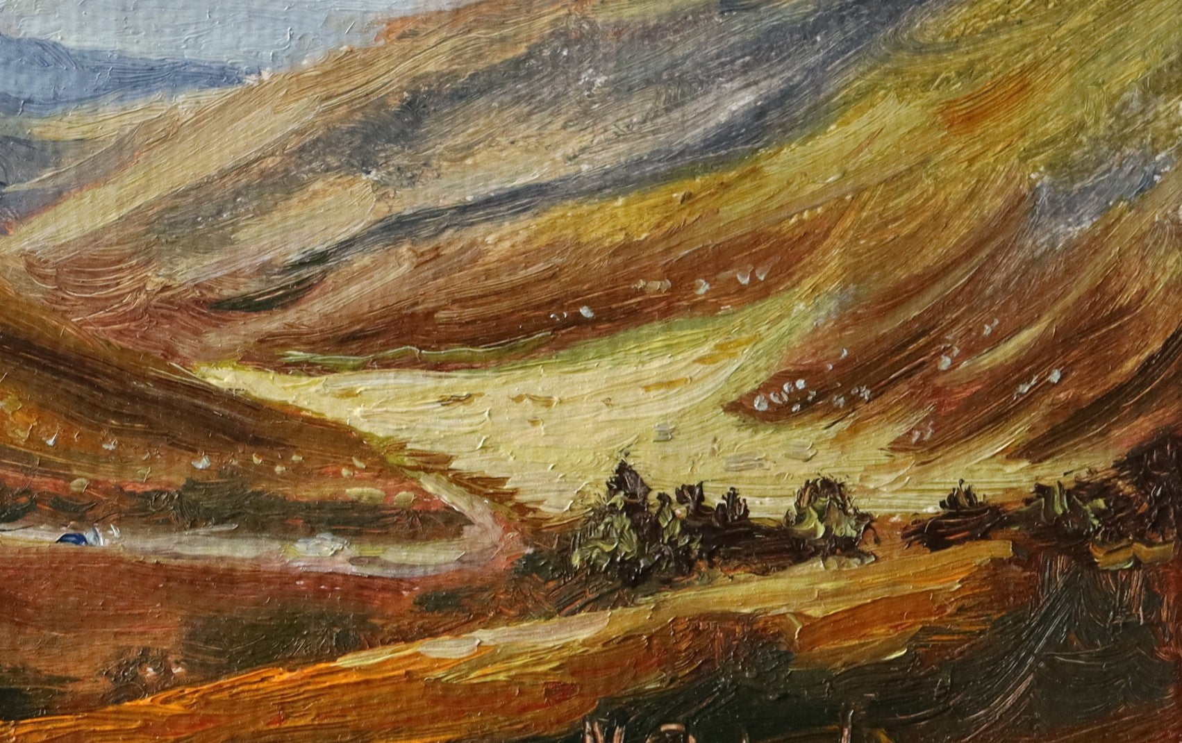Original oil painting of winding roads in the Scottish Highlands near Loch Ard in autumn, amber hill vegetation