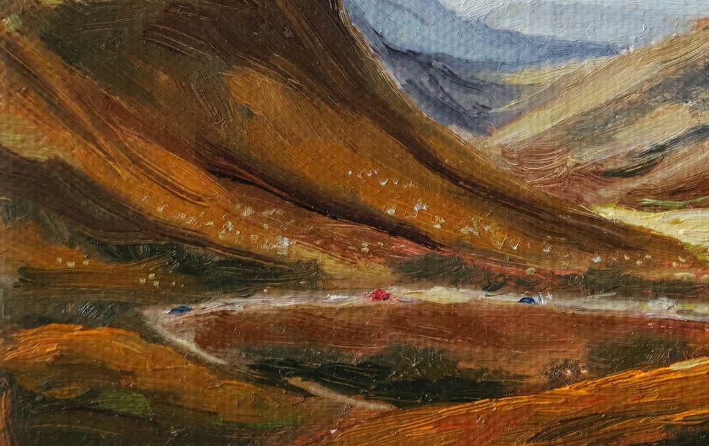 Original oil painting of winding roads in the Scottish Highlands near Loch Ard in autumn, amber hill vegetation
