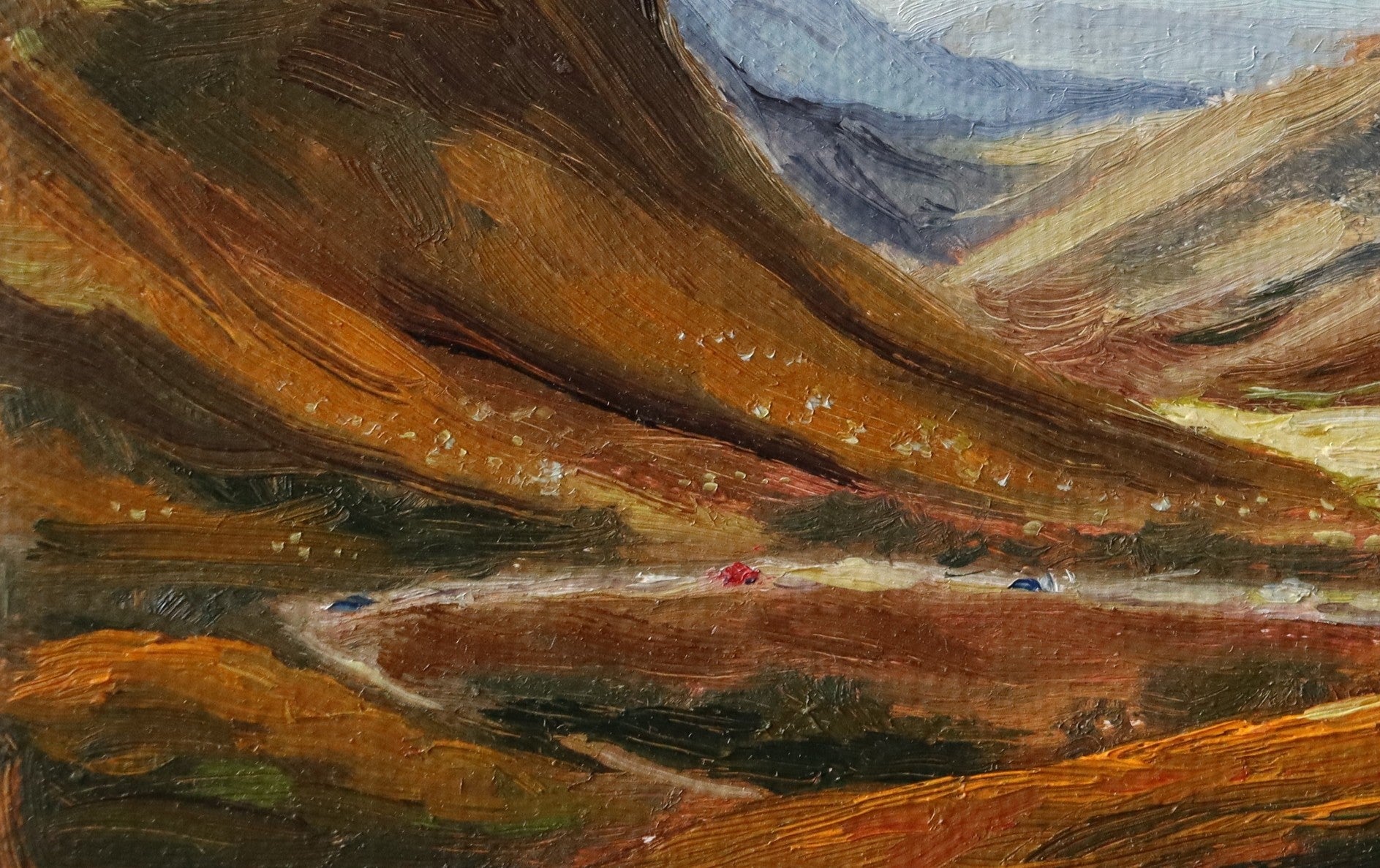 Original oil painting of winding roads in the Scottish Highlands near Loch Ard in autumn, amber hill vegetation