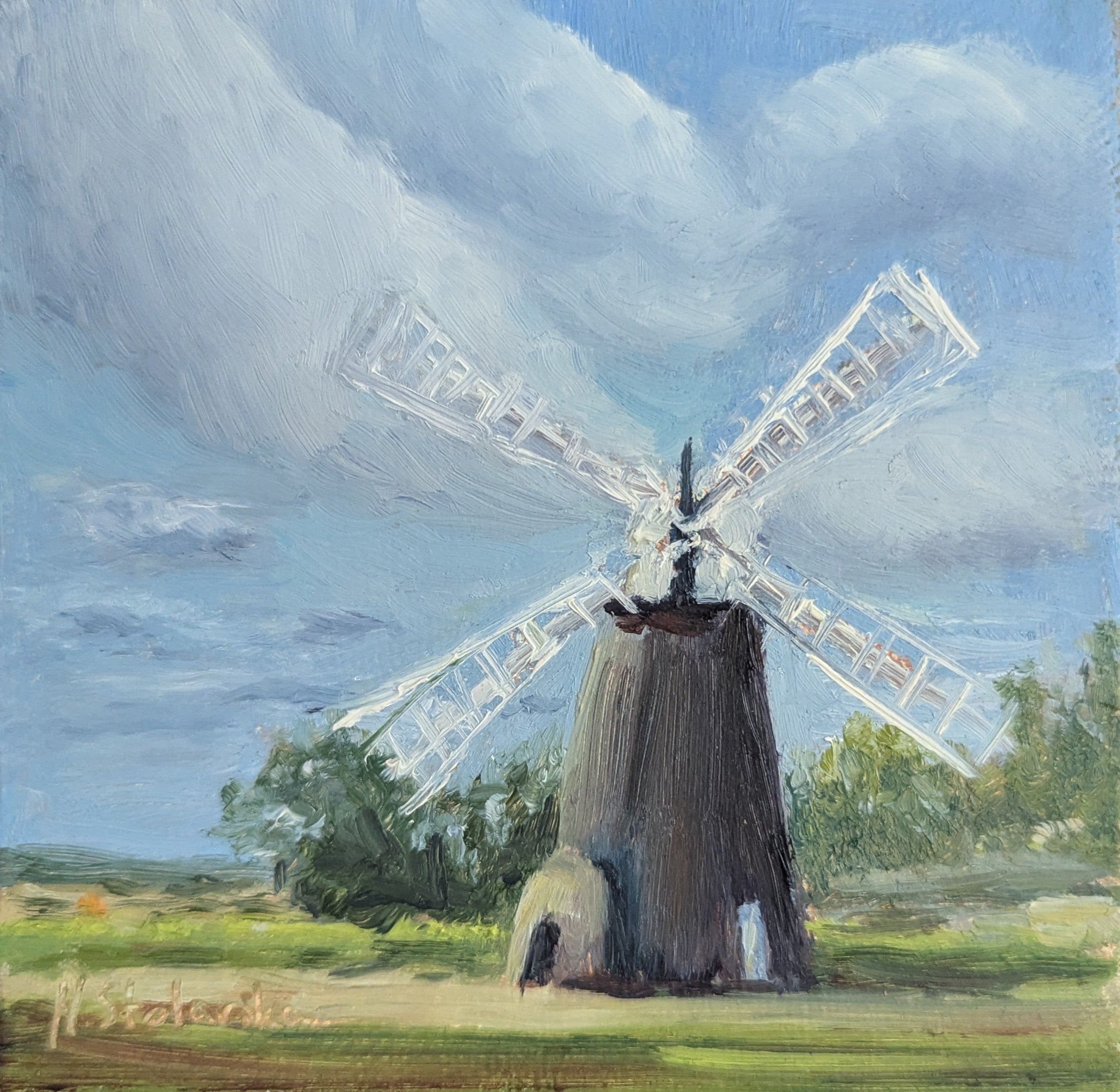 Original oil painting of a Norfolk windmill in spring, open fields and bright airy sky, framed square format