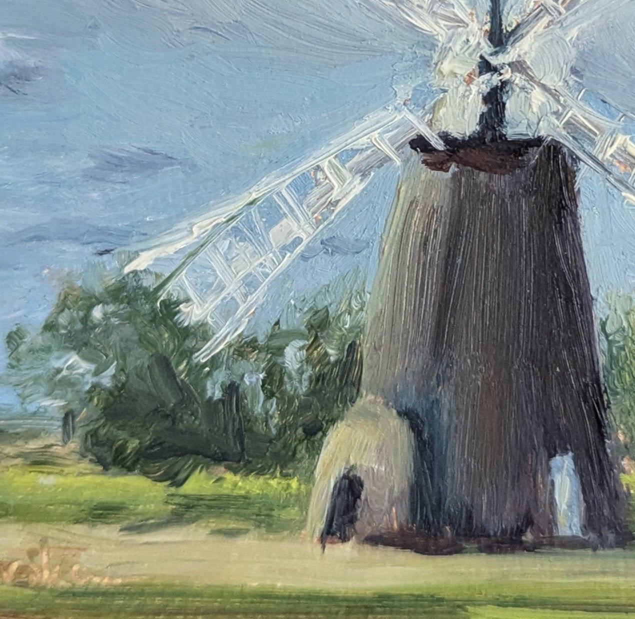 Original oil painting of a Norfolk windmill in spring, open fields and bright airy sky, framed square format - close up