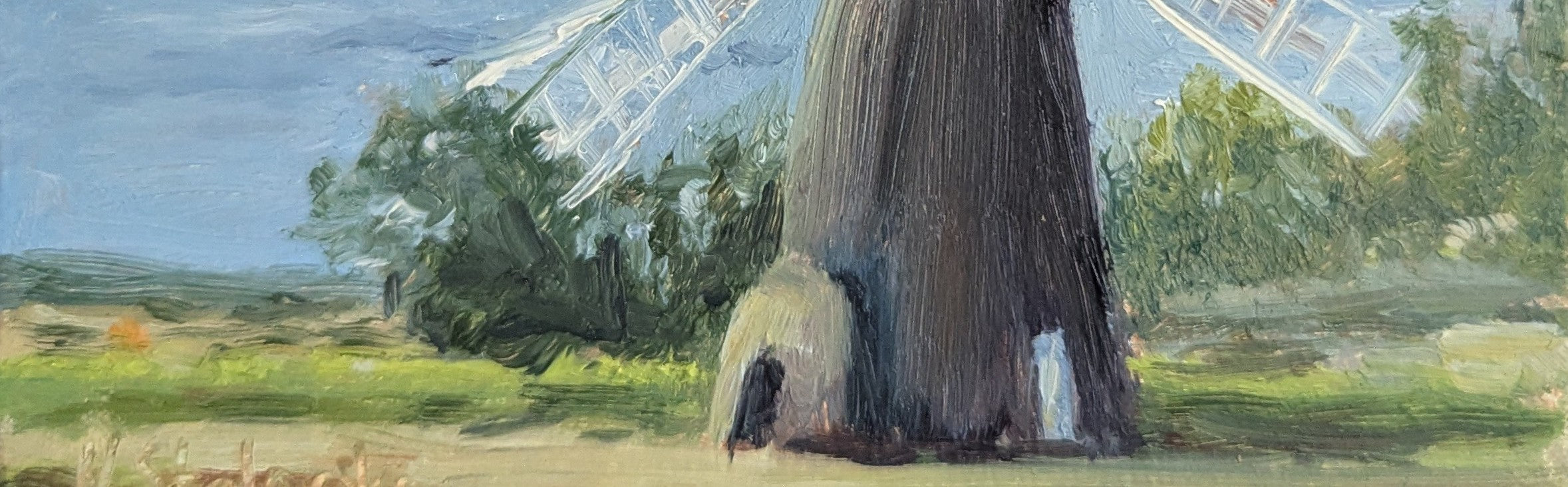 Painting of a windmill with a dark cylindrical structure and a white top, set against a blue sky. Original oil painting of a Norfolk windmill in spring, open fields and bright airy sky, framed square format