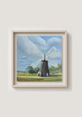 Original oil painting of a Norfolk windmill in spring, open fields and bright airy sky, framed square format