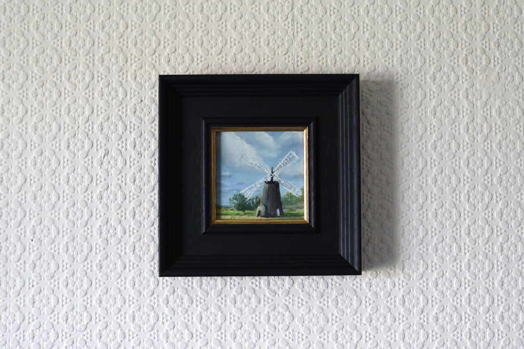 Original oil painting of a Norfolk windmill in spring, open fields and bright airy sky, framed square format