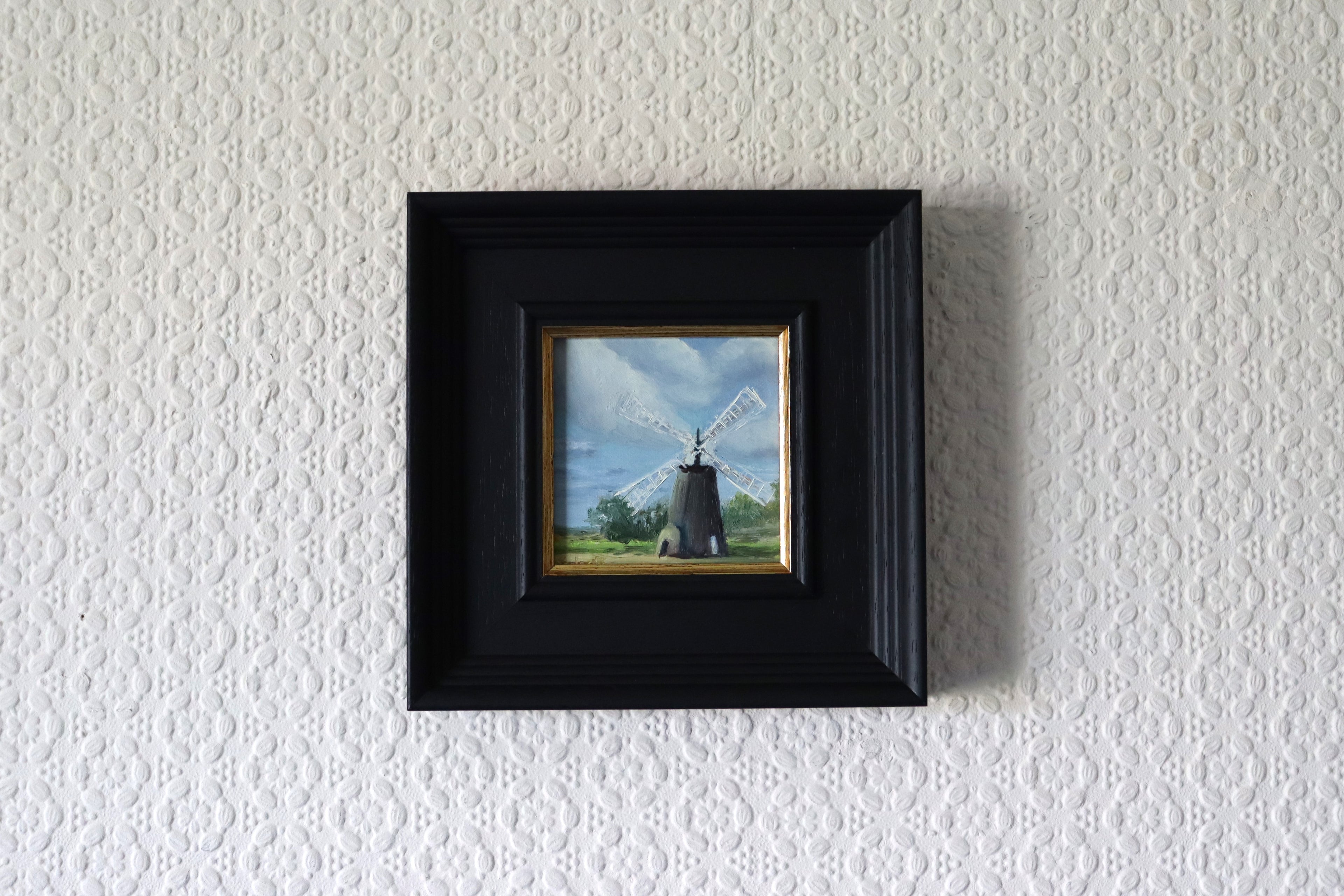 Original oil painting of a Norfolk windmill in spring, open fields and bright airy sky, framed square format