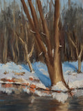 original oil Winter landscape with bare trees and a reflective water surface.