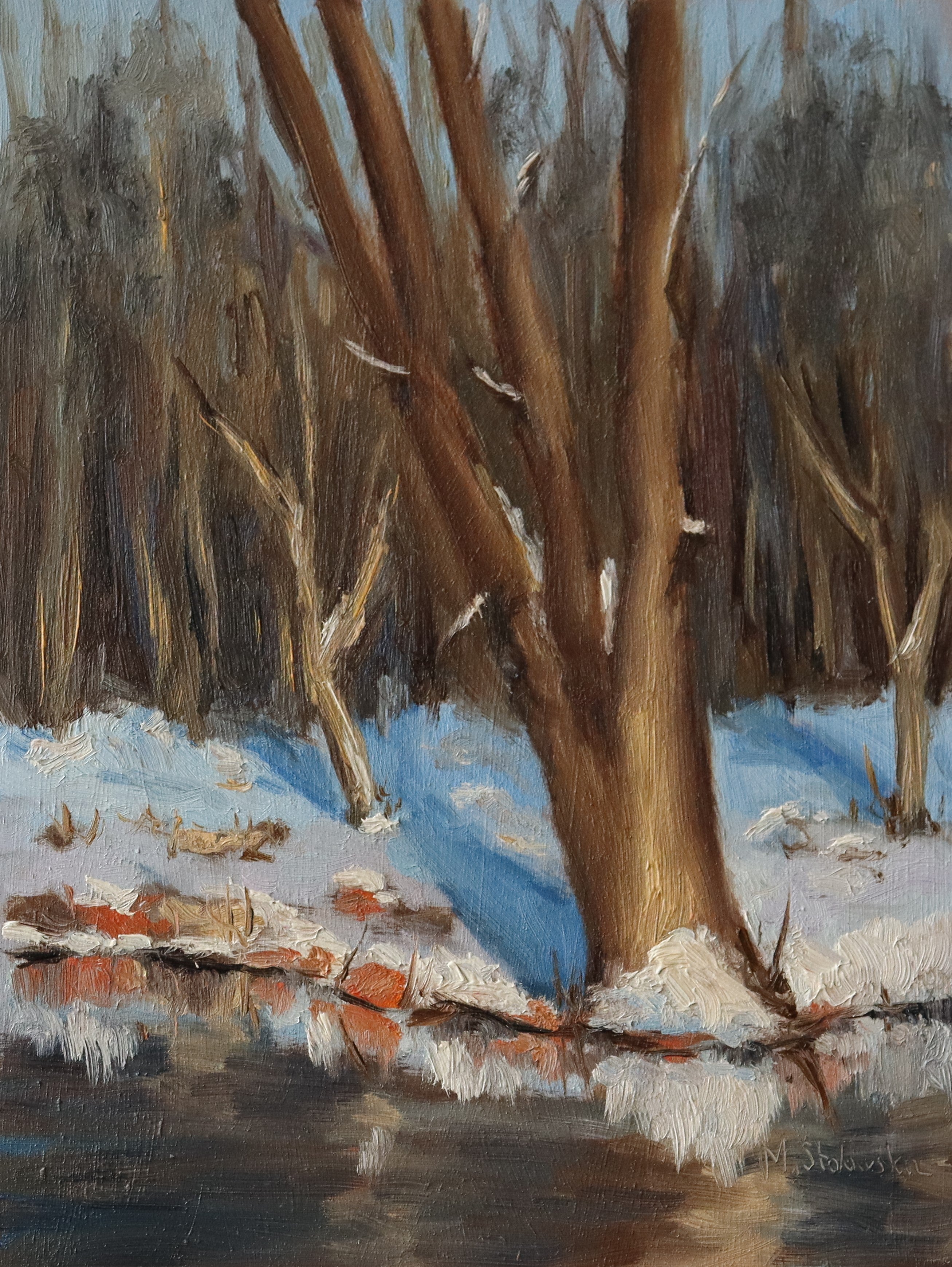 original oil Winter landscape with bare trees and a reflective water surface.
