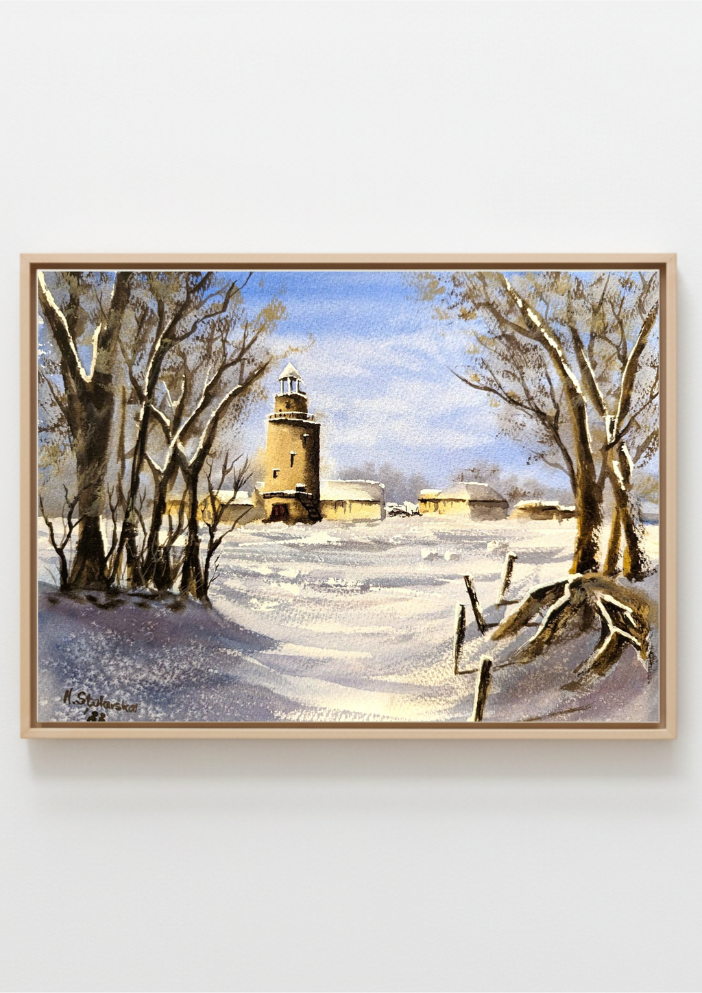 Winter scene with a lighthouse and snow-covered landscape. Original watercolour painting of an imagined winter village in snow, soft tones and quiet atmosphere
