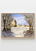 Winter scene with a lighthouse and snow-covered landscape. Original watercolour painting of an imagined winter village in snow, soft tones and quiet atmosphere