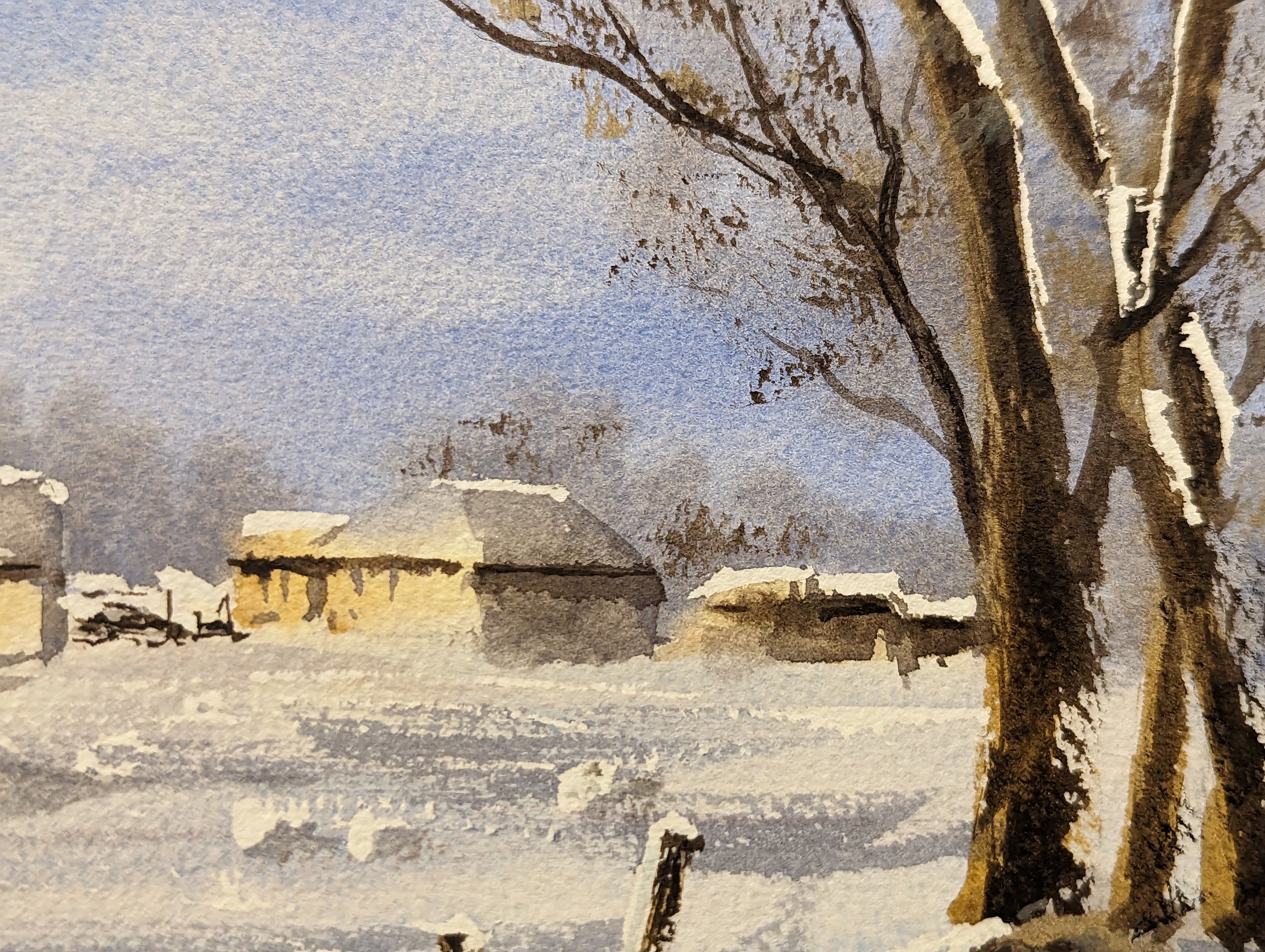 Winter landscape with snow-covered huts and a tree. Original watercolour painting of an imagined winter village in snow, soft tones and quiet atmosphere