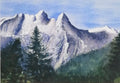 Original watercolour painting of a large snow-covered winter mountain, pale blues and whites on archival cotton paper