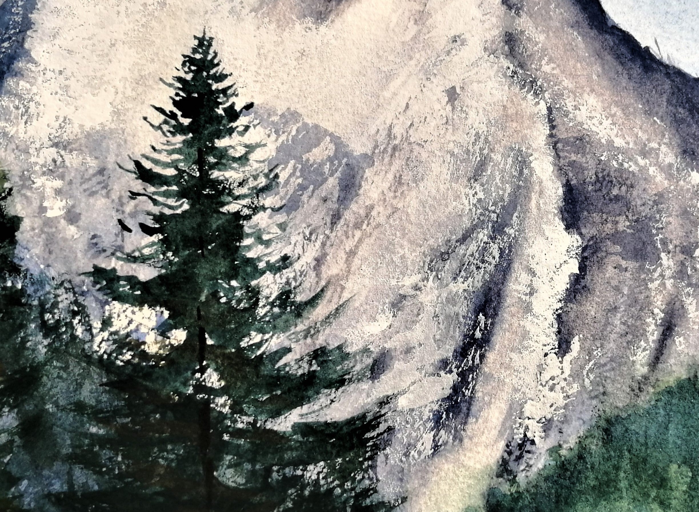 Original watercolour painting of a large snow-covered winter mountain, pale blues and whites on archival cotton paper