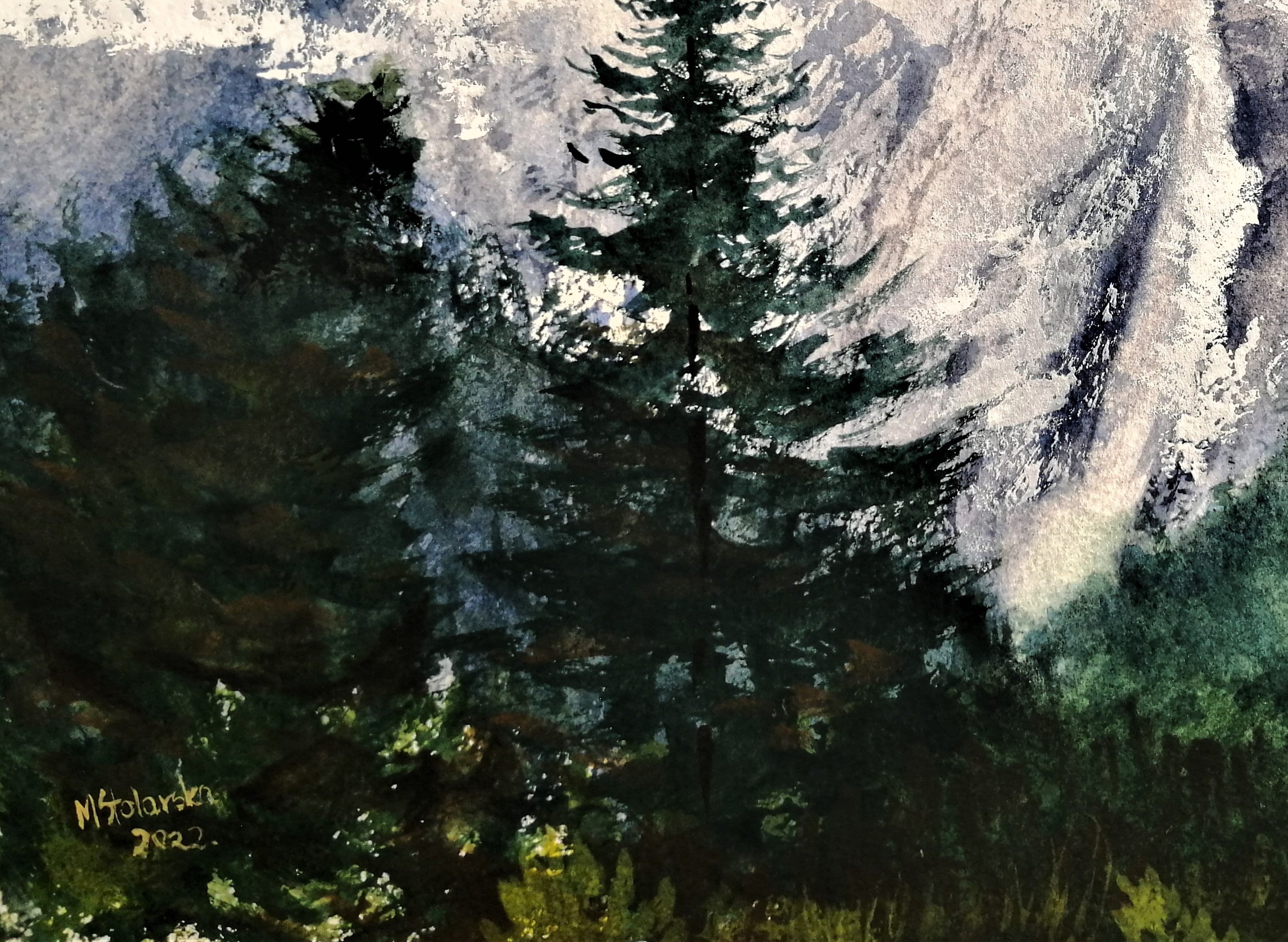 Original watercolour painting of a large snow-covered winter mountain, pale blues and whites on archival cotton paper