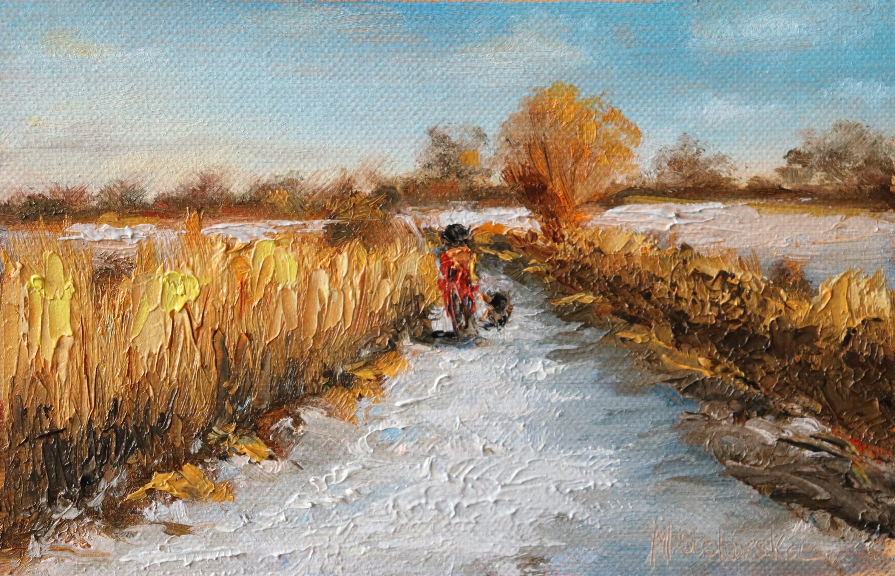 Painting of a rural scene with a person on a bike and a dog, surrounded by fields and trees by a local artist. Original oil painting of a winter walk at Suffolk marshes, snow-covered landscape with figures