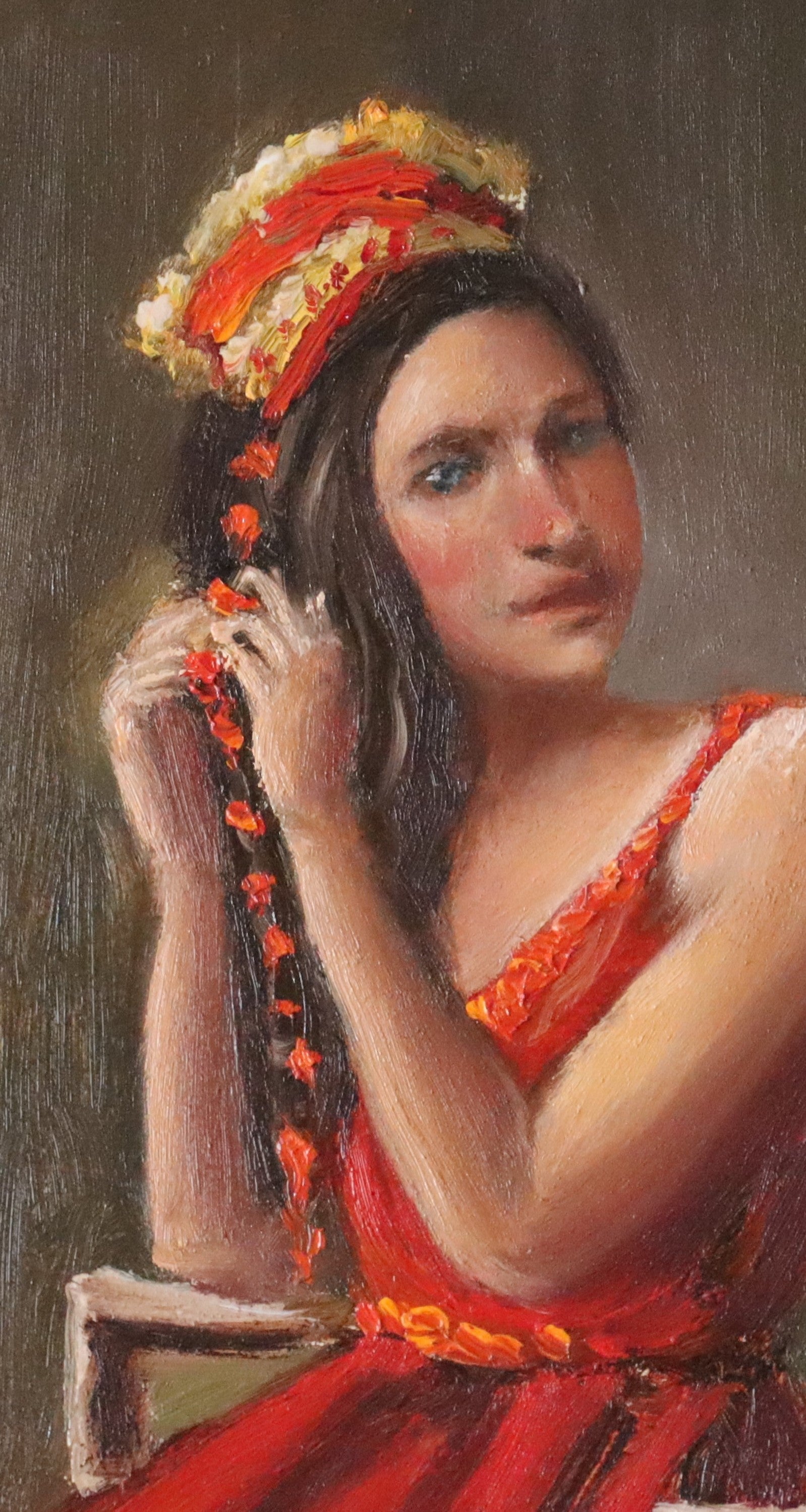 Close-up detail of Woven in Tradition - joyous blue eyes and tanned skin of woman in red fringed satin shawl, expressive oil brushwork by Marta Stolarska, Subtle Expressions collection