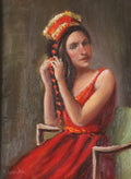 Woven in Tradition - original oil figure painting by Marta Stolarska, woman in red dress and fringed satin shawl braiding a red velvet string, looking directly at viewer with joyous blue eyes, oil on canvas board