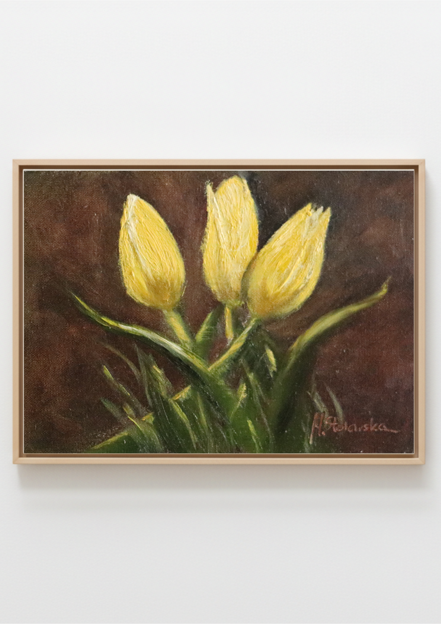 Yellow Tulips Trio - original oil painting by Marta Stolarska, three yellow tulips rising against a warm dark brown background, painted on handmade linen board, 10 x 15 cm, Fox Yard Gallery exhibition
