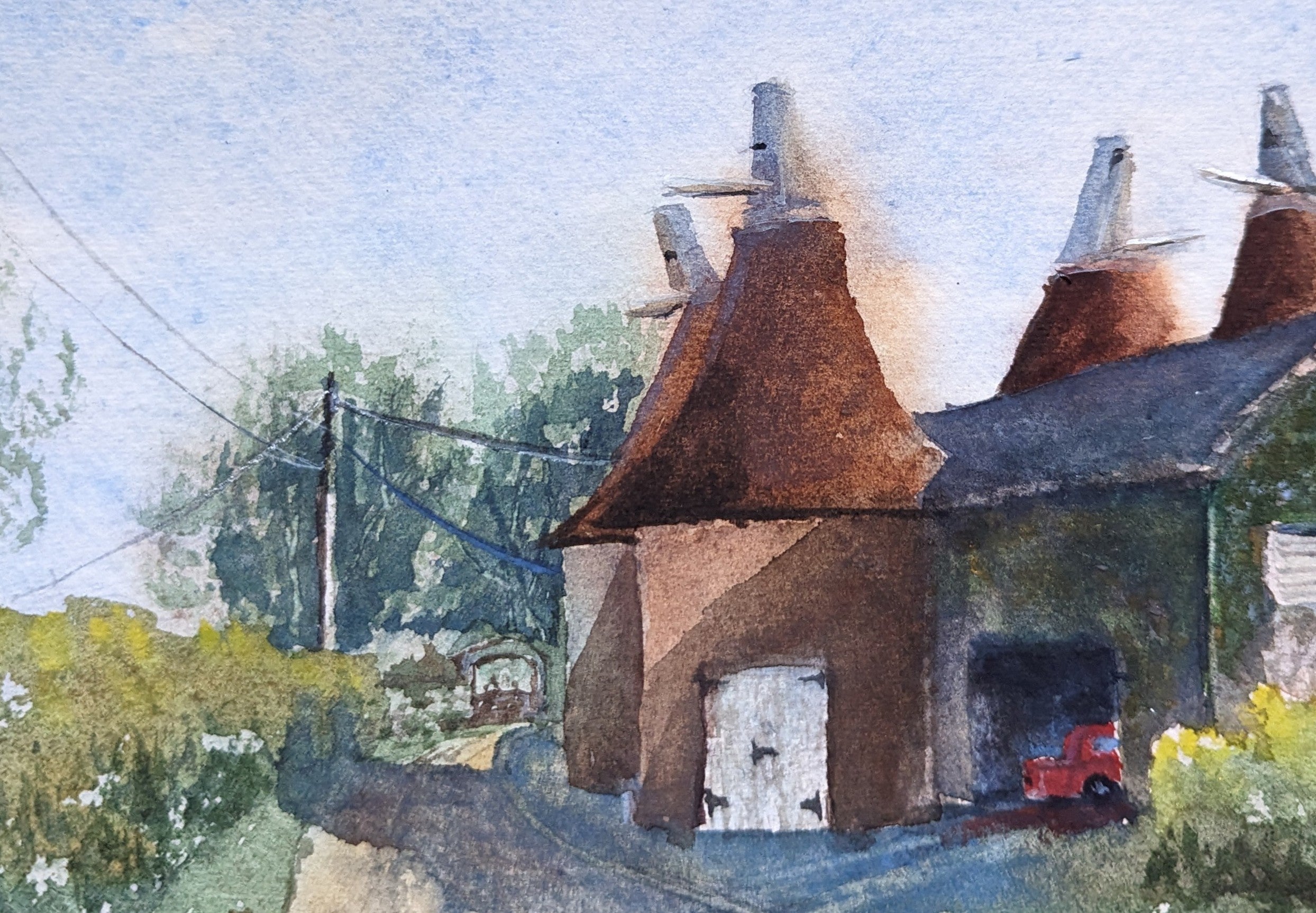 Original watercolour painting of old oast houses in English countryside, half observed half imagined, Kent landscape