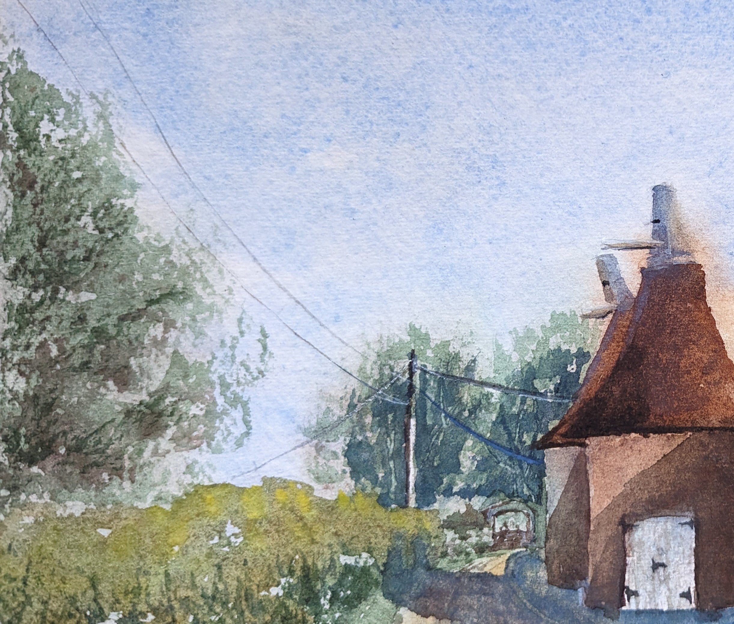 Watercolor painting of a quaint village scene with a thatched-roof cottage and trees. Original watercolour painting of old oast houses in English countryside, half observed half imagined, Kent landscape