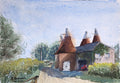 Watercolor painting of a traditional oast house with thatched roofs in a rural setting. Local artist. Original watercolour painting of old oast houses in English countryside, half observed half imagined, Kent landscape